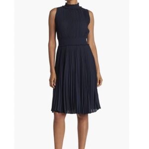Nanette Lepore Navy Pleated Midi Dress Sleeveless High Neck Wedding Guest Sz 10